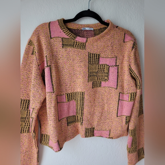 Zara Sweaters - Zara Jacquard Geometric Cropped Sweater Orange Pink | size L